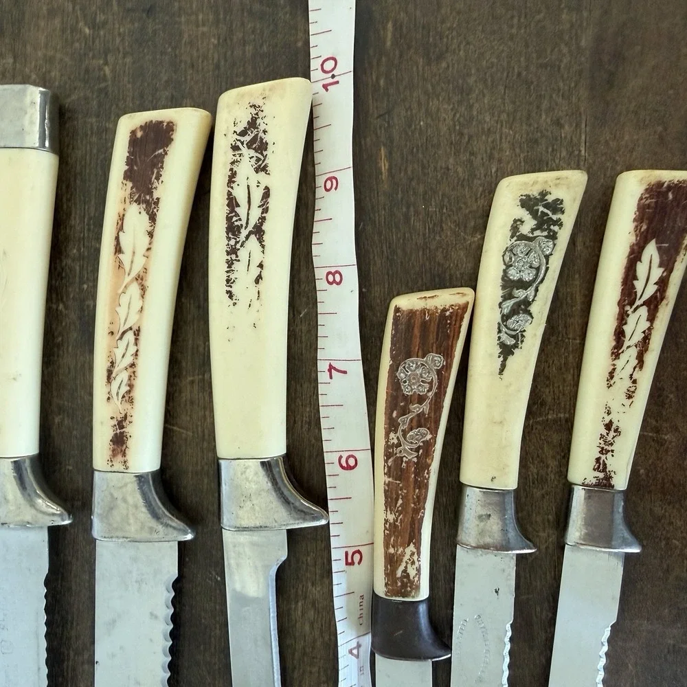 Vintage Mismatched Sheffield England Knife Lot (9 Pcs) Faux Stag Bone Handle MCM